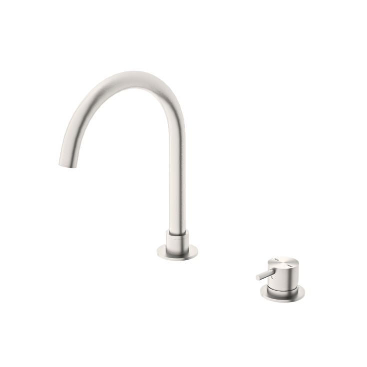 Nero Mecca basin mixer with round swivel spout in brushed nickel, shown with separate lever handle on white background