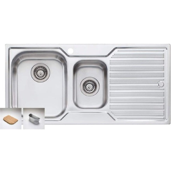 Oliveri stainless steel 1.5 bowl topmount kitchen sink with right-hand drainer, top view