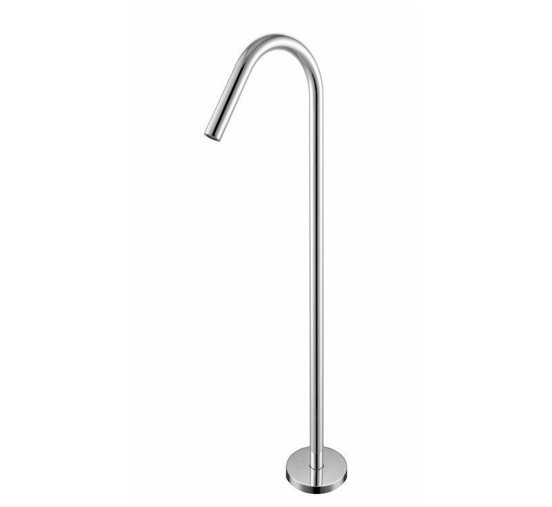 Nero Mecca Bianca chrome floor-standing bath spout with curved round spout and slim column base on white background