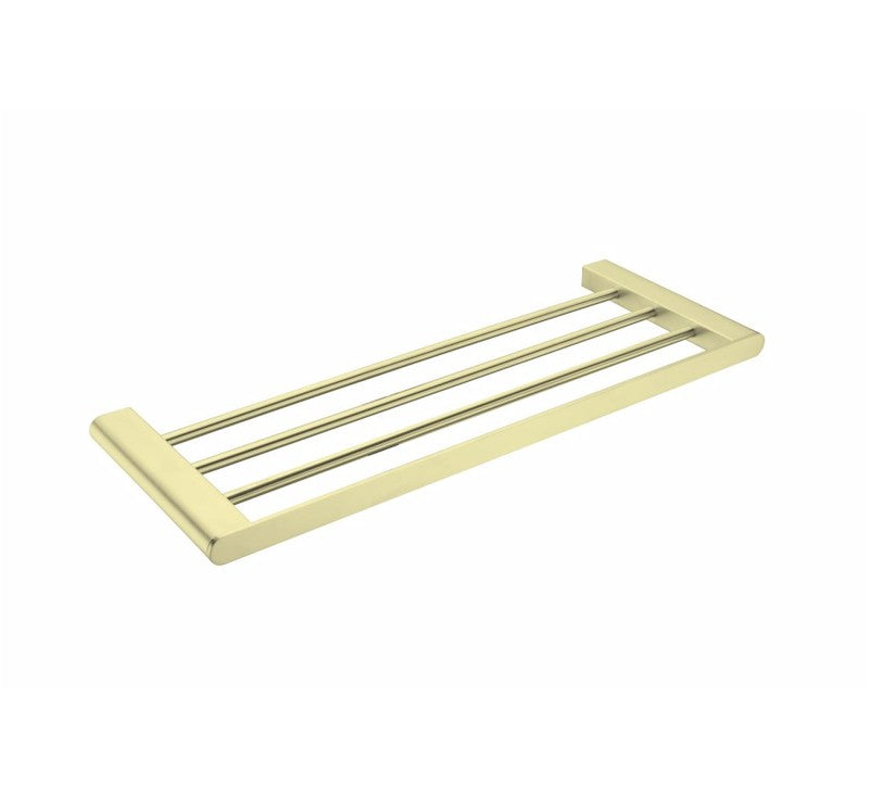 Nero Bianca towel rack in brushed gold, rectangular bathroom accessory with three bars on a white background