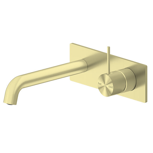 Nero Mecca wall basin/bath mixer handle up, 185mm spout, brushed gold finish on rectangular backplate.