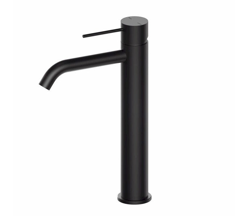Nero Mecca tall basin mixer tap in matte black, with slim cylindrical body and curved spout, on white background