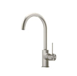 Nero Mecca gooseneck kitchen mixer tap in brushed nickel, shown on a white background with single lever handle