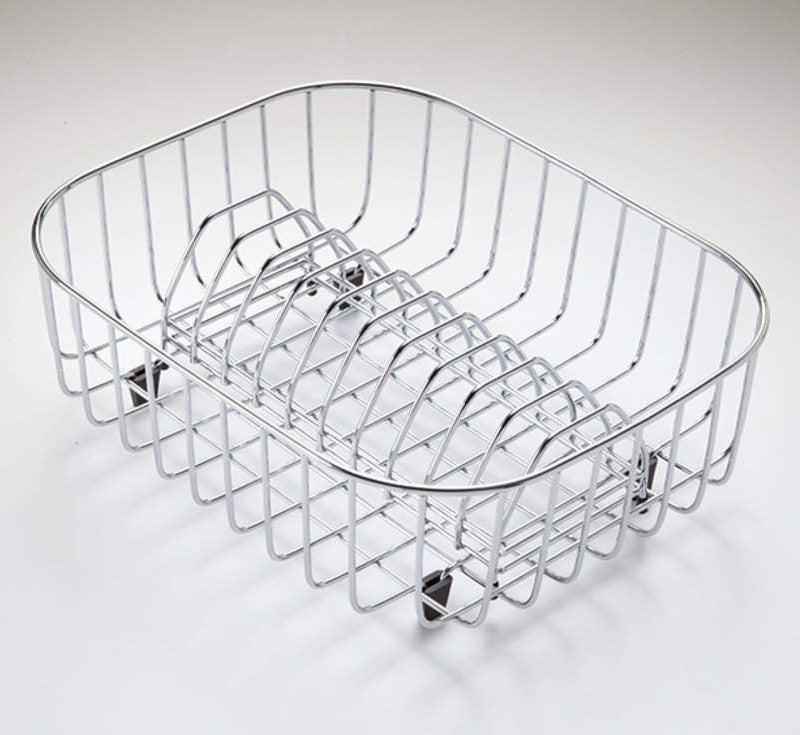 Oliveri chrome dish rack with rounded rectangular wire frame and removable dish dividers on white background