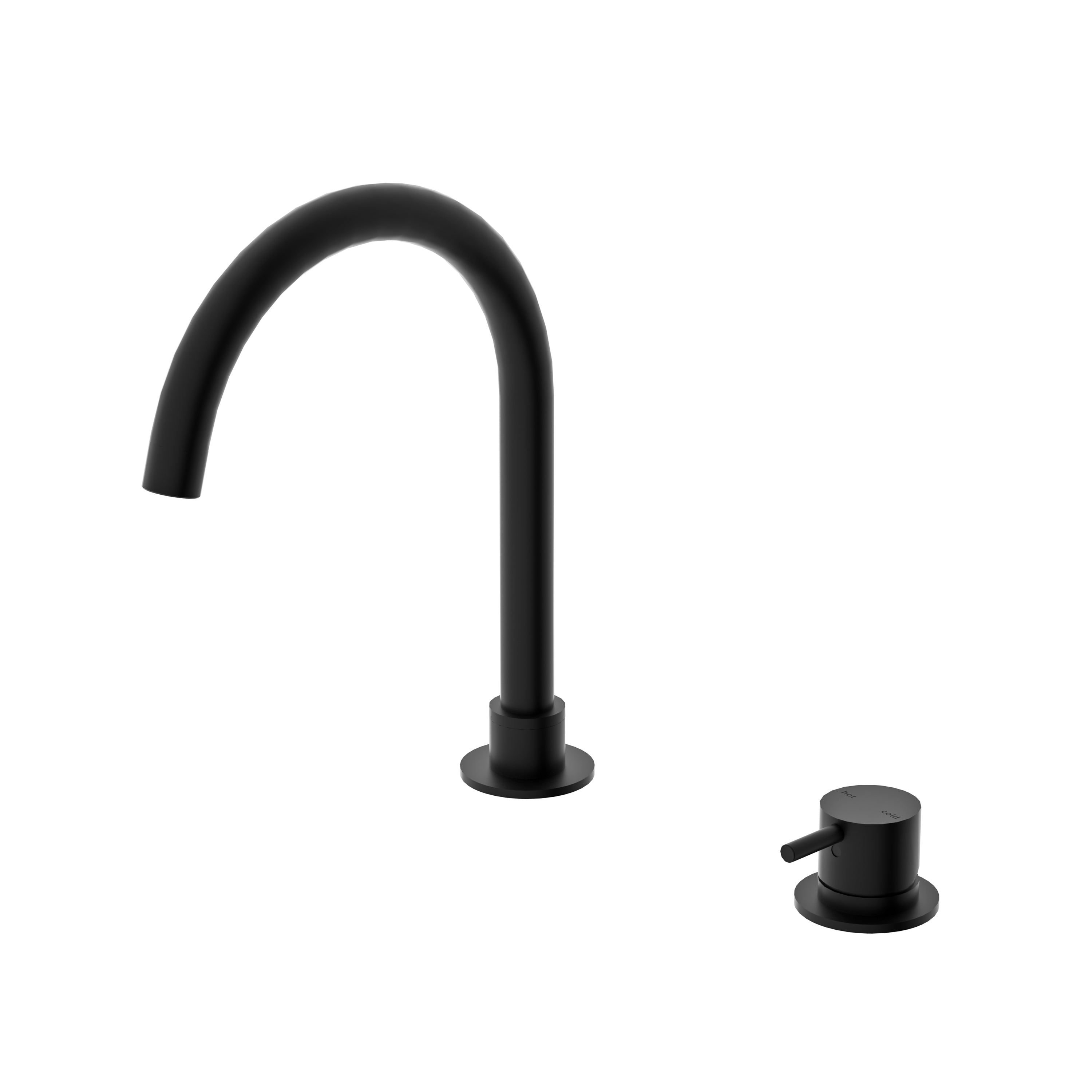 Nero Mecca matte black hob basin mixer with round swivel spout and matching mixer control, shown on white background