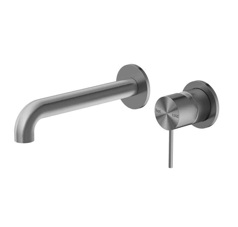 Nero Mecca wall basin/bath mixer set in gunmetal, with separate back plate and curved wall spout