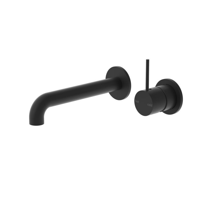 Nero Mecca matte black wall basin/bath mixer with separate spout and round handle on back plate, front view