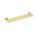 Nero Mecca metal shower shelf in brushed gold, wall-mounted bathroom shelf with rounded rails