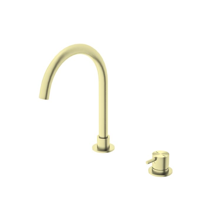 Nero Mecca brushed gold hob basin mixer with round swivel spout and matching handle on white background