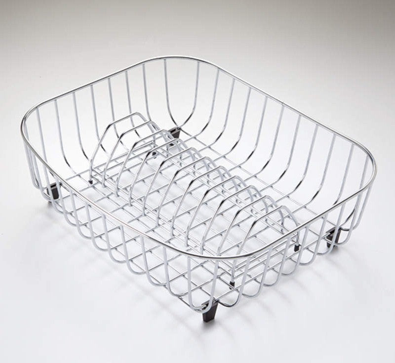 Oliveri Monet chrome main bowl drainer basket with wire dish rack and feet, angled studio view