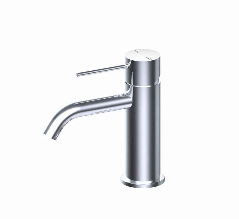 Nero Mecca chrome basin mixer tap, slimline cylindrical design with single lever and curved spout on white background