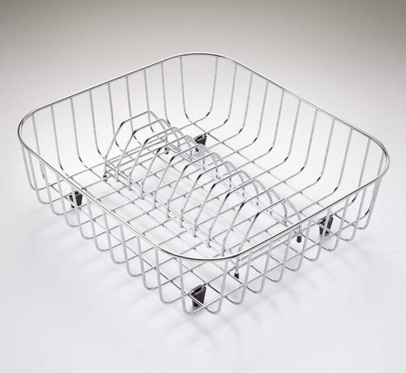 Oliveri Nu-Petite chrome wire main bowl drainer basket with rectangular base and raised centre rack, on white background