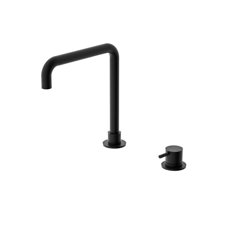 Nero Mecca matte black square basin mixer with swivel spout and separate handle, shown on white background
