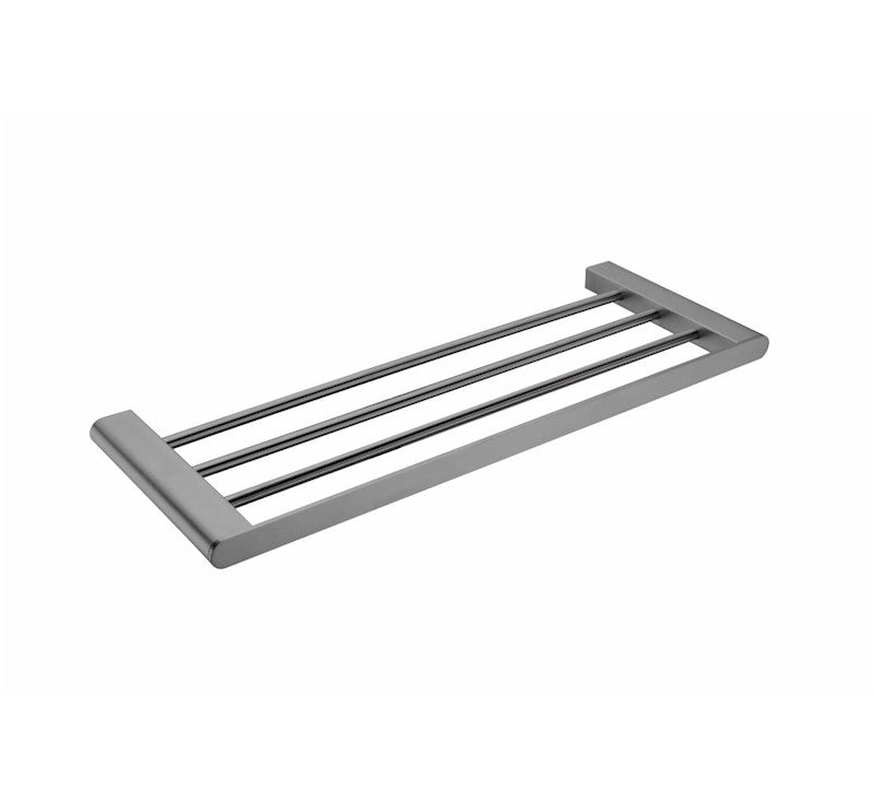 Nero Bianca gun metal towel rack with sleek rectangular frame and three bars, shown on white background