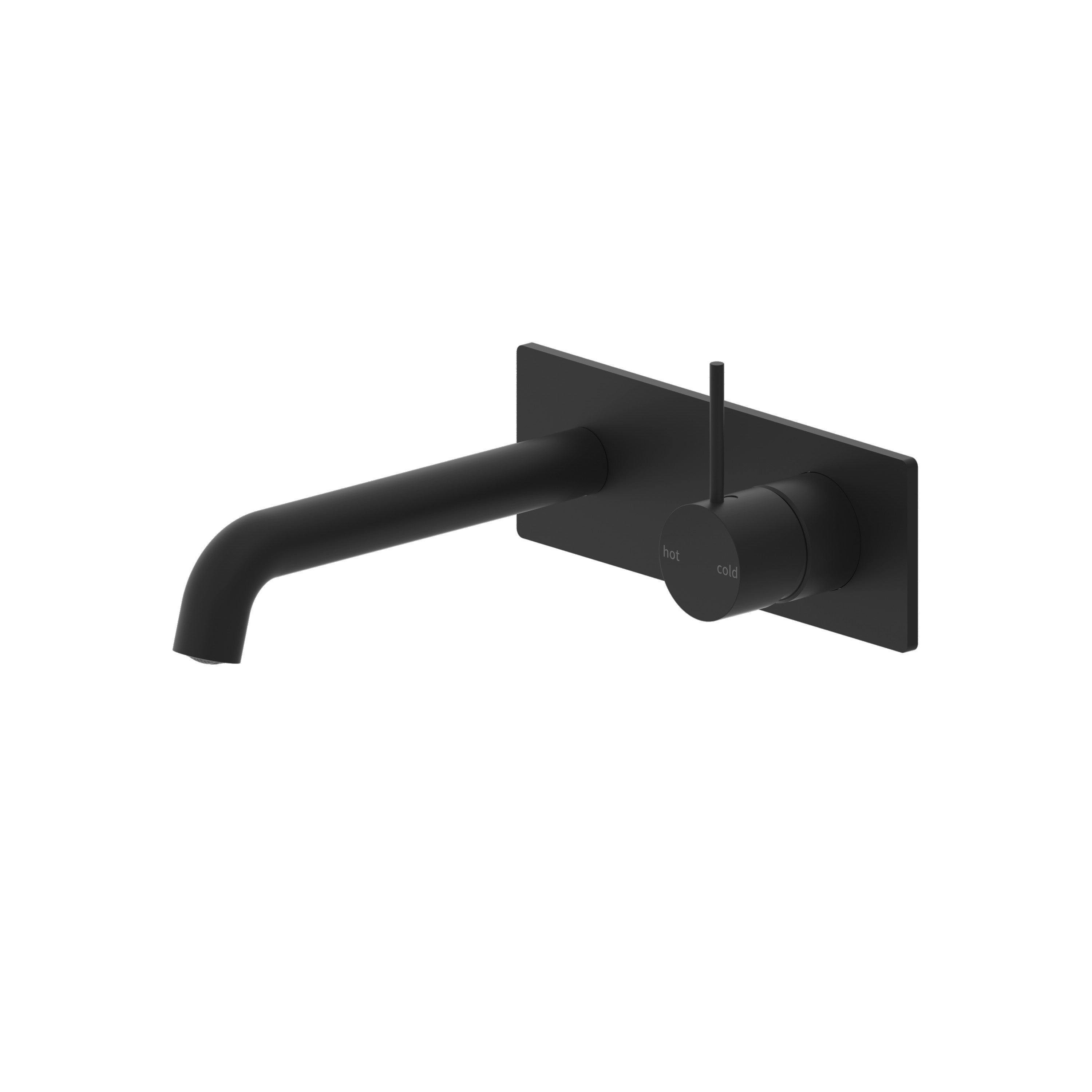 Nero Mecca wall basin/bath mixer in matte black, wall-mounted with 230mm spout and handle up on rectangular backplate