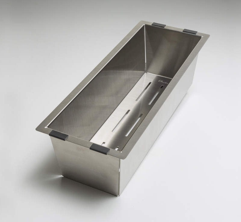 Oliveri stainless steel deep sink colander, rectangular insert with slotted base, angled view on white background