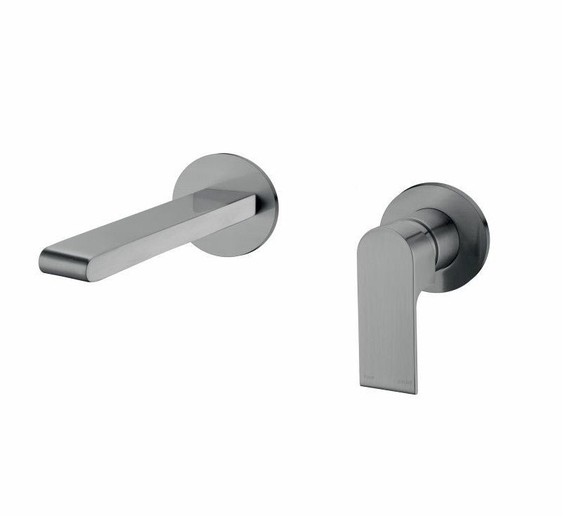 Nero Bianca wall basin/bath mixer set in gun metal, showing spout and mixer with round back plates on white background
