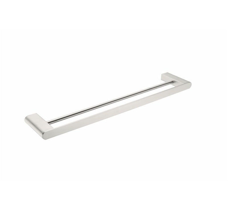 Nero Bianca double towel rail in brushed nickel, modern rectangular wall rail with two bars on white background