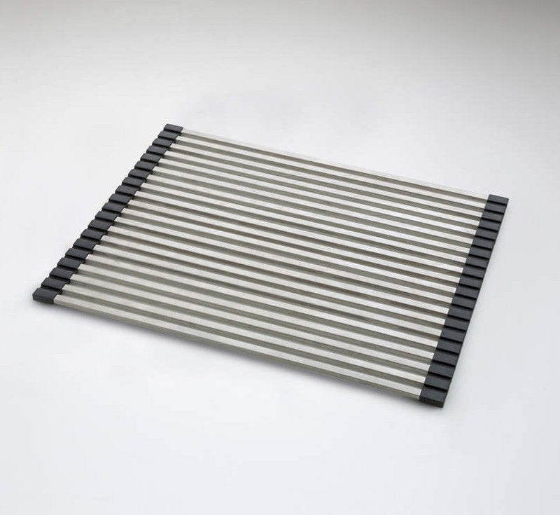 Oliveri KitchenMate bowl saver rack in grey and black, rectangular slatted trivet on white background