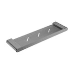 Nero Bianca gun metal shower shelf with slotted stainless steel tray and raised edges, front angle view