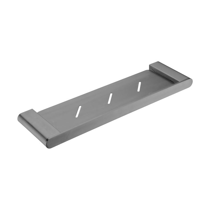 Nero Bianca gun metal shower shelf with slotted stainless steel tray and raised edges, front angle view