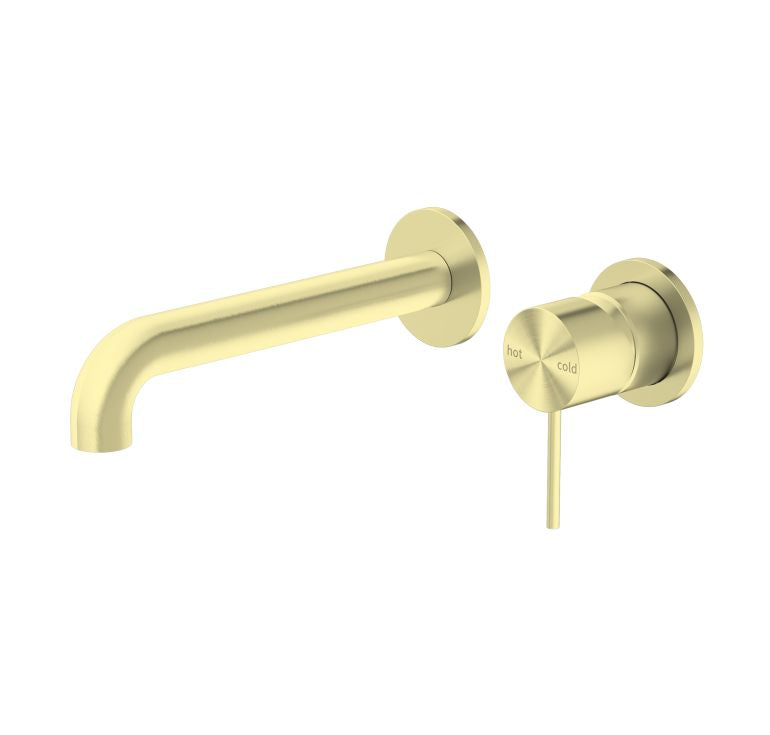 Nero Mecca wall basin/bath mixer set in brushed gold with separate back plates and curved spout