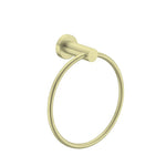 Nero Mecca brushed gold hand towel ring with round wall mount, contemporary bathroom accessory on white background