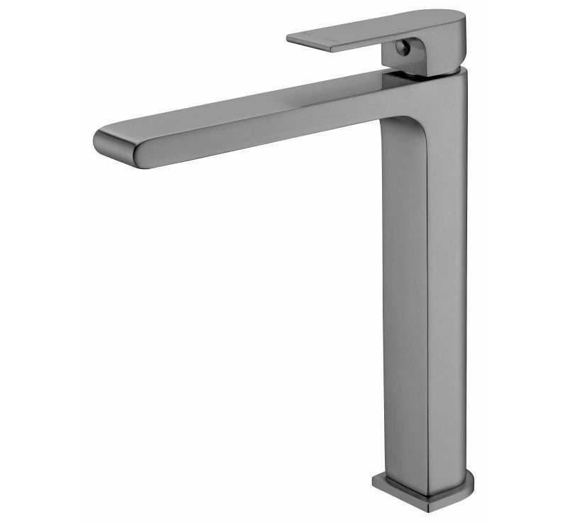 Nero Bianca tall basin mixer in gun metal, modern square design with single lever and high spout