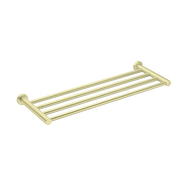 Nero Mecca towel rack in brushed gold, wall-mounted rectangular bathroom accessory with slim bars and round ends
