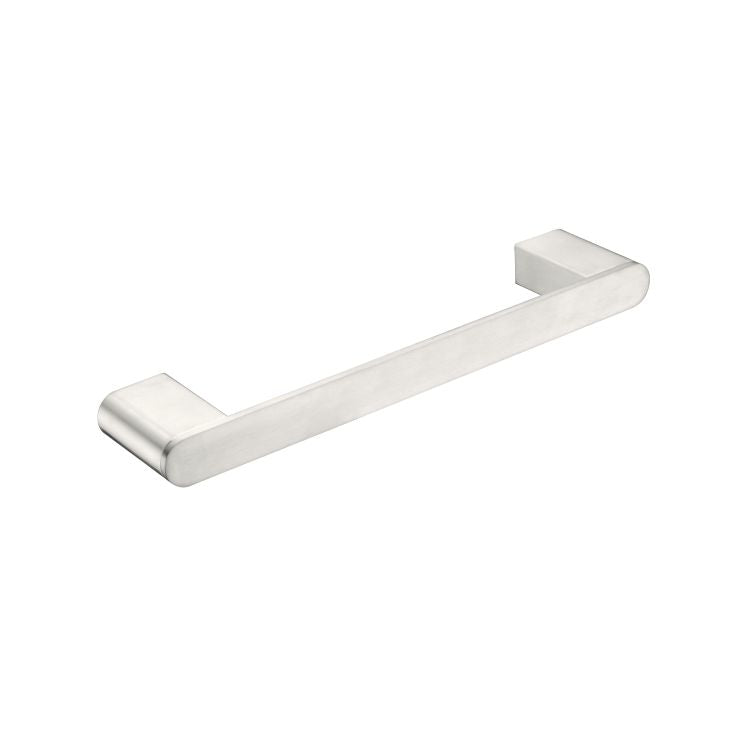 Nero Bianca hand towel rail in brushed nickel, slim contemporary wall-mounted bathroom accessory on white background