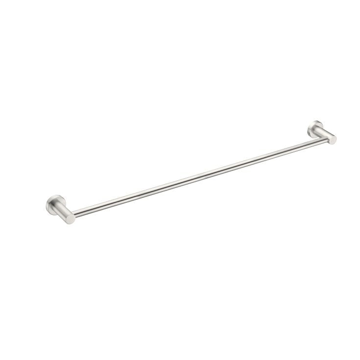 Nero Mecca single towel rail 600mm in brushed nickel, wall-mounted bathroom accessory with round end posts