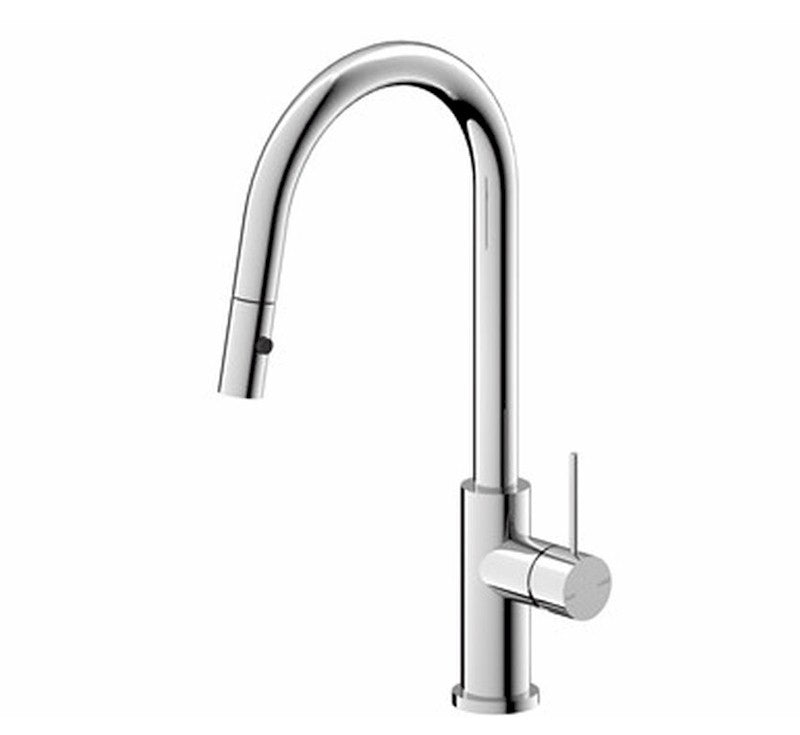Nero Mecca chrome pull out sink mixer tap with high curved spout and side lever on white background