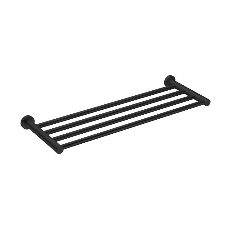 Nero Mecca matte black towel rack with 5 bars and round wall mounts on white background