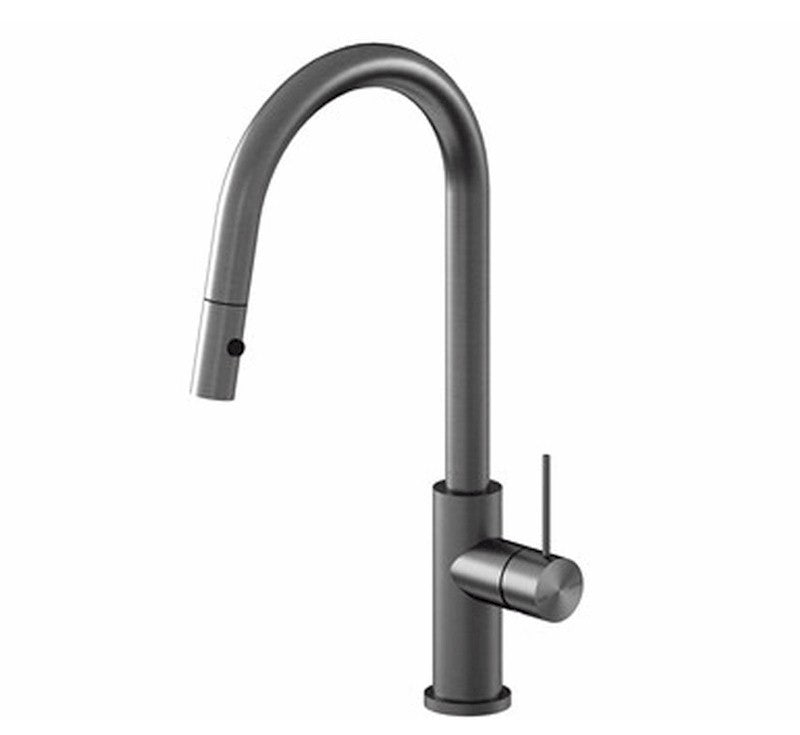 Nero Mecca pull out sink mixer in gunmetal, with high gooseneck spout and side lever, on white background