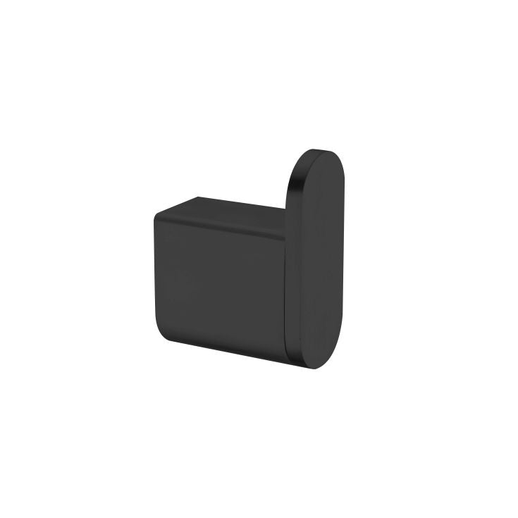 Nero Bianca matte black robe hook, modern wall hook with rounded rectangular backplate on white background
