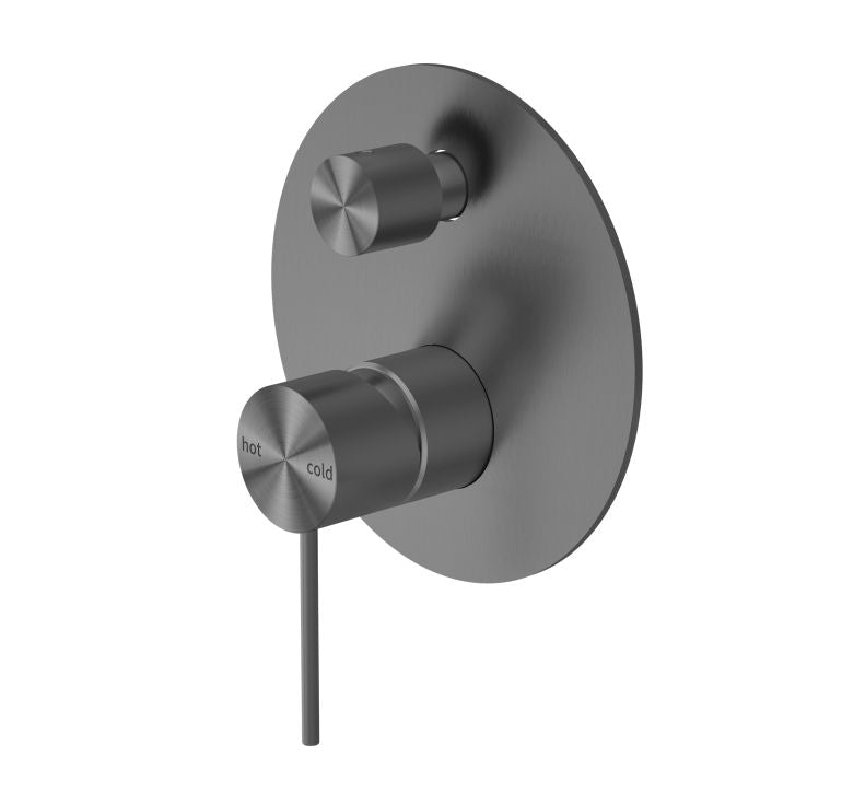 Nero Mecca shower mixer with diverter in gunmetal, wall-mounted round plate with hot and cold control handles