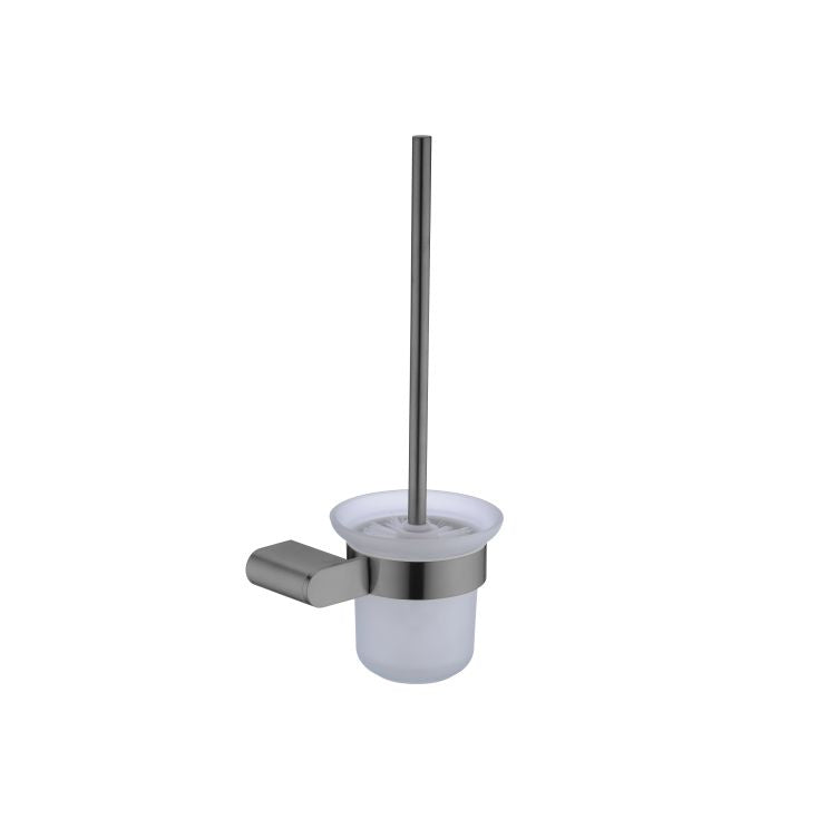 Nero Bianca gun metal toilet brush holder with wall-mounted holder and frosted cup, front view on white background