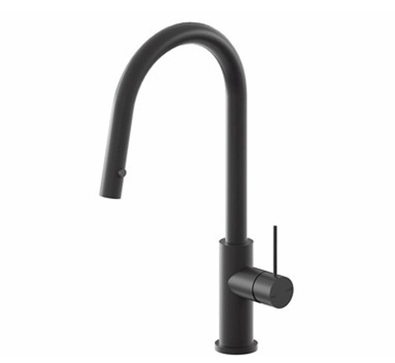 Nero Mecca matte black pull out sink mixer with curved gooseneck spout and side lever handle