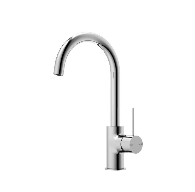 Nero Mecca chrome gooseneck kitchen mixer tap with single lever handle on white background