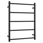 Thermogroup black non-heated round 5-bar towel ladder, front view with wall mounts on white background