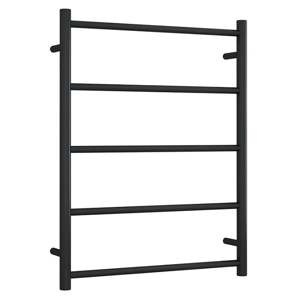 Thermogroup black non-heated round 5-bar towel ladder, front view with wall mounts on white background