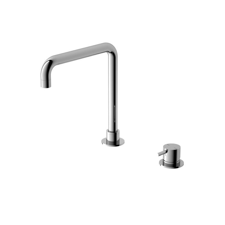 Nero Mecca chrome square hob basin mixer with swivel spout and separate mixer handle on white background