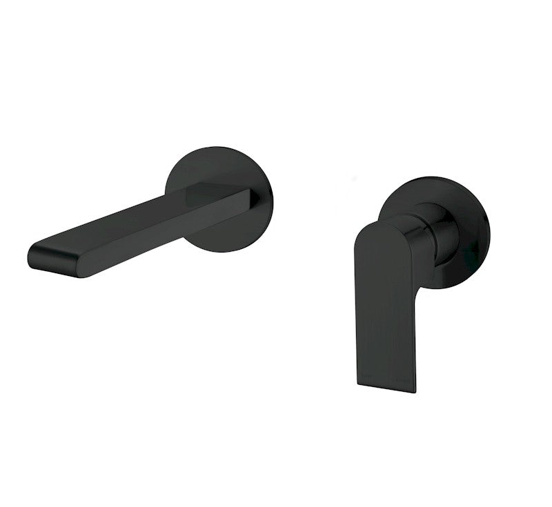 Nero Bianca matte black wall basin/bath mixer with separate round back plates, shown in front and side views
