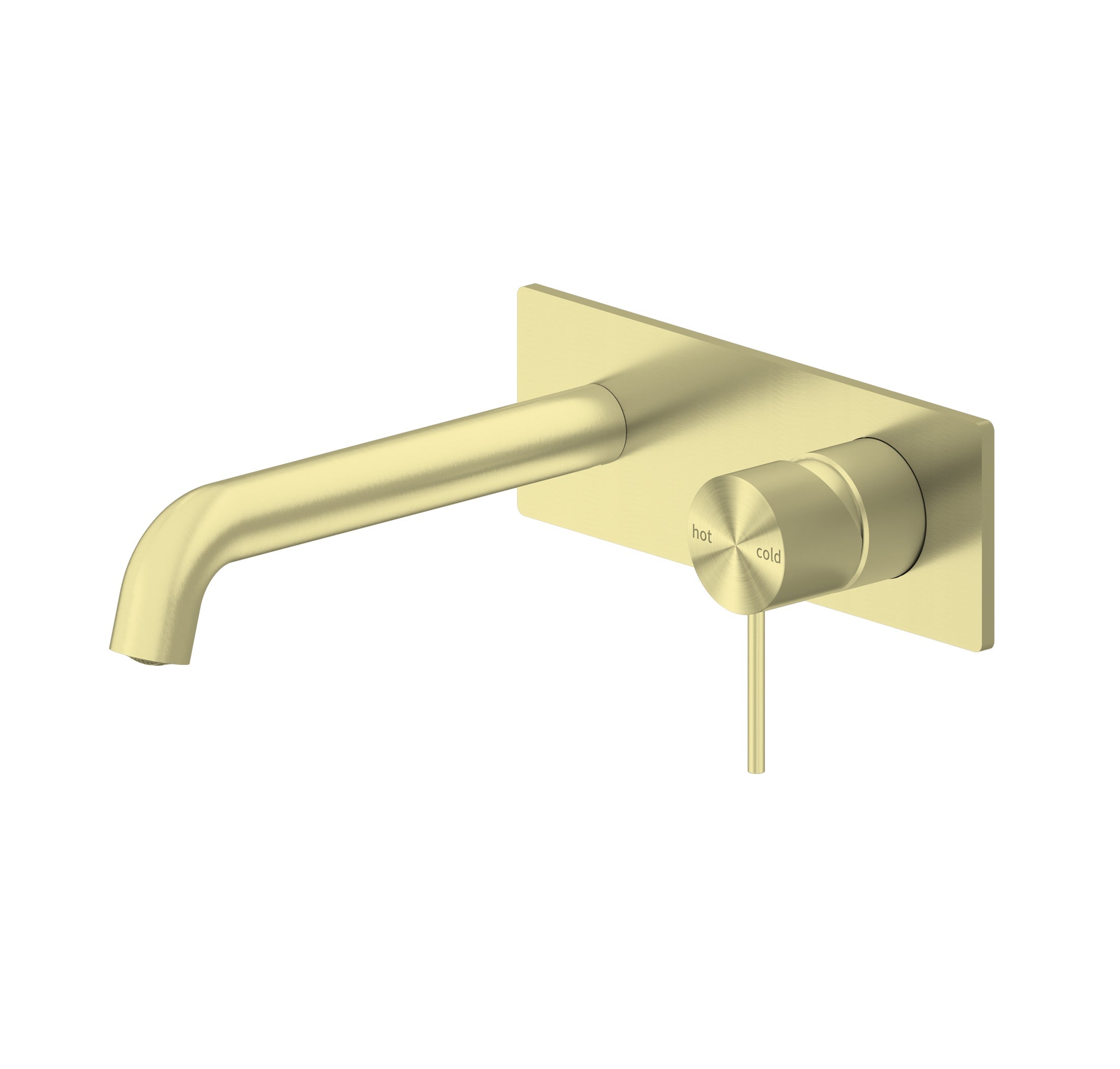 Nero Mecca wall basin/bath mixer in brushed gold, wall-mounted with long spout and round hot/cold control on square backplate