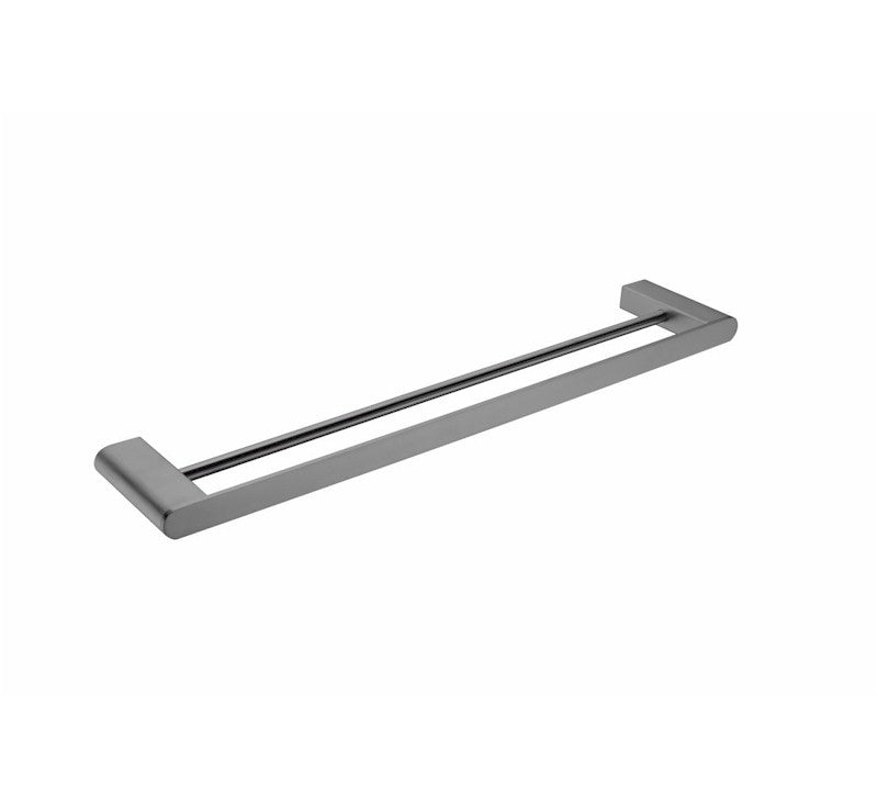 Nero Bianca double towel rail 600mm in gun metal, slim modern bathroom accessory with round bars on white background