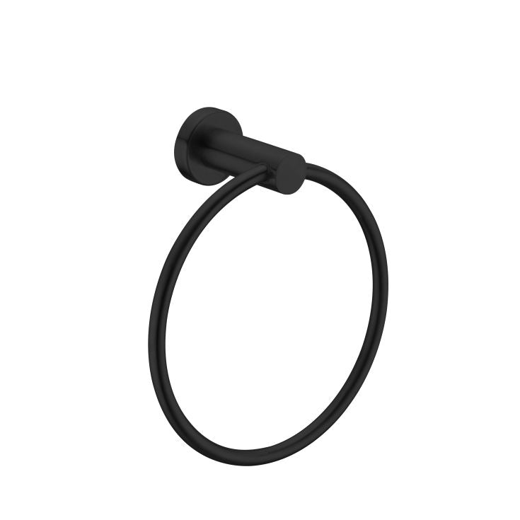 Nero Mecca matte black hand towel ring with round wall mount, contemporary bathroom accessory on white background