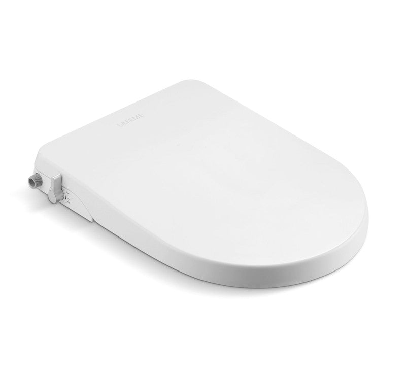 Lafeme Una white non-electric bidet toilet seat, oval plastic seat with side water connection, angled view on white background