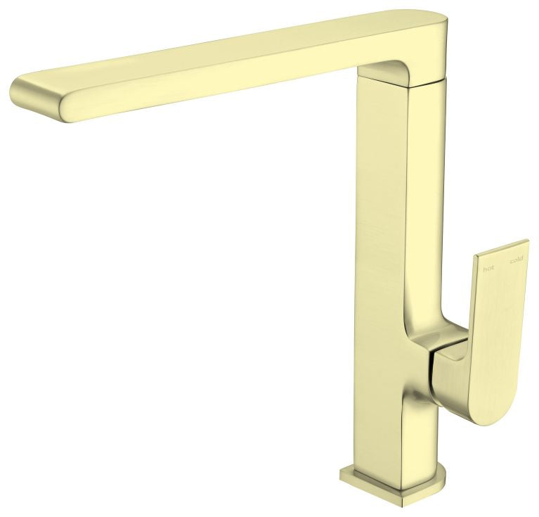 Nero Bianca kitchen mixer tap in brushed gold, square modern single lever with tall spout on white background