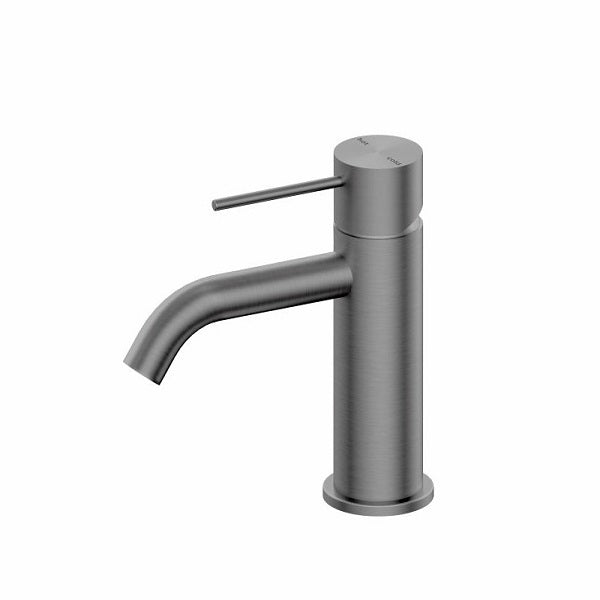Nero Mecca basin mixer tap in gunmetal, slim brushed finish, side lever and curved spout on white background