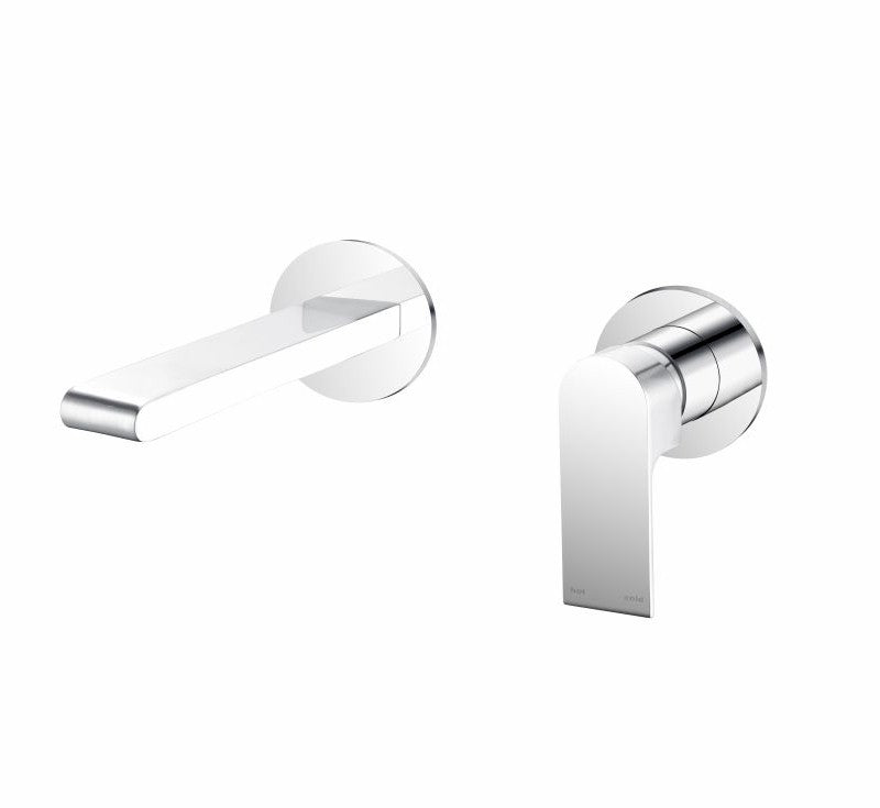 Nero Bianca chrome wall basin/bath mixer with separate back plate, shown with spout and handle on white background